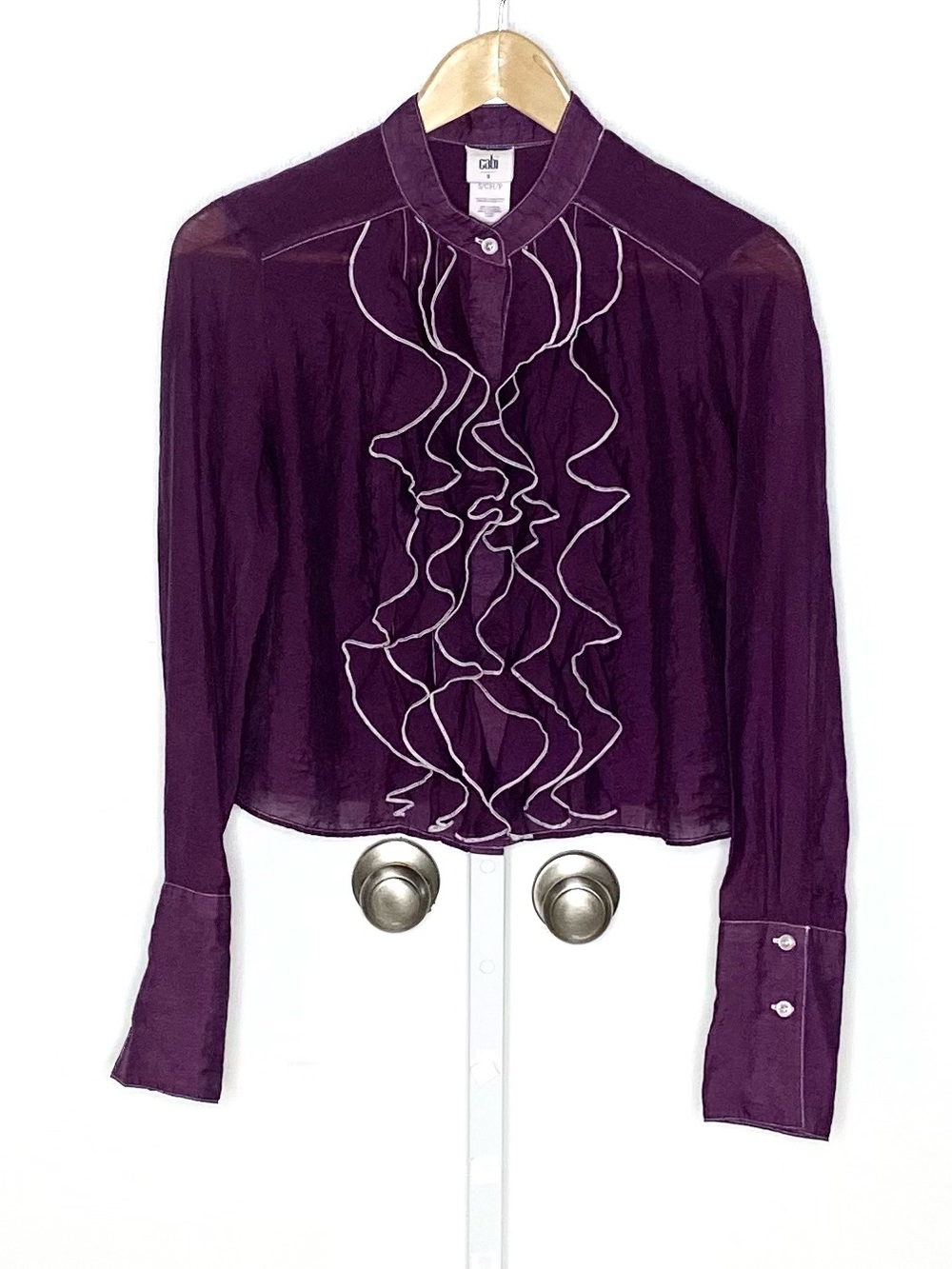Cabi | Purple Cropped Ruffle Button-Down Long-Sleeve Blouse #4537 Sz Small